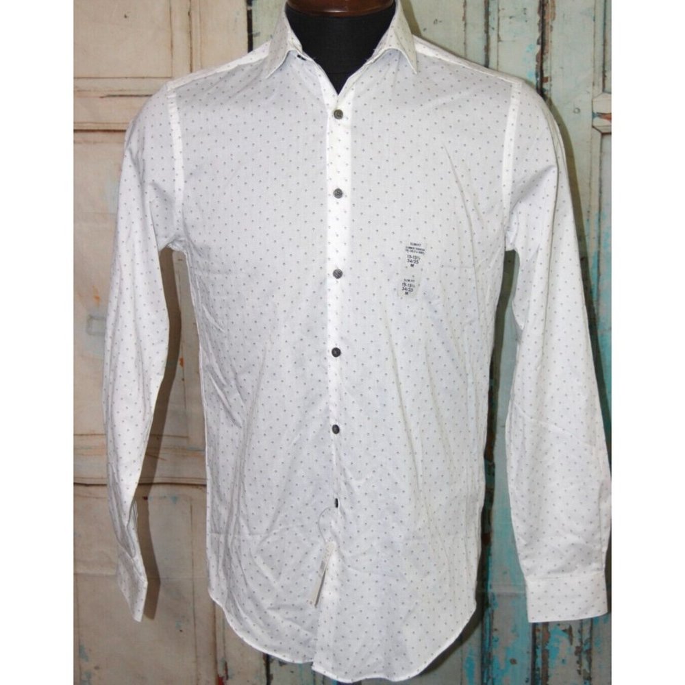 Van Heusen Chrome Button Up Slim Fit White Small Print Mens L/S Shirt Size M NWT